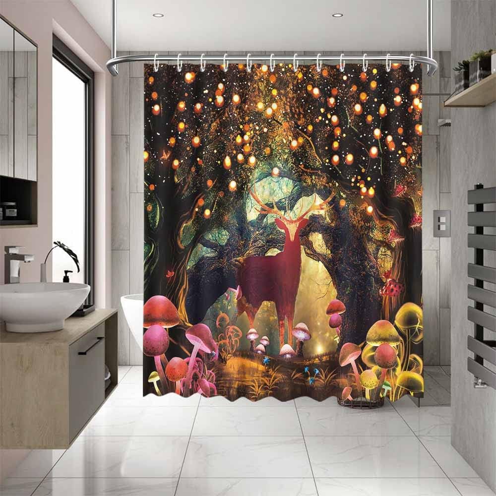 MEHOFOND Cortina de ducha de cuento de hadas del bosque, 72 x 72 pulgadas, cortina de ducha impermeable con 12 ganchos y hongos del bosque, plantas