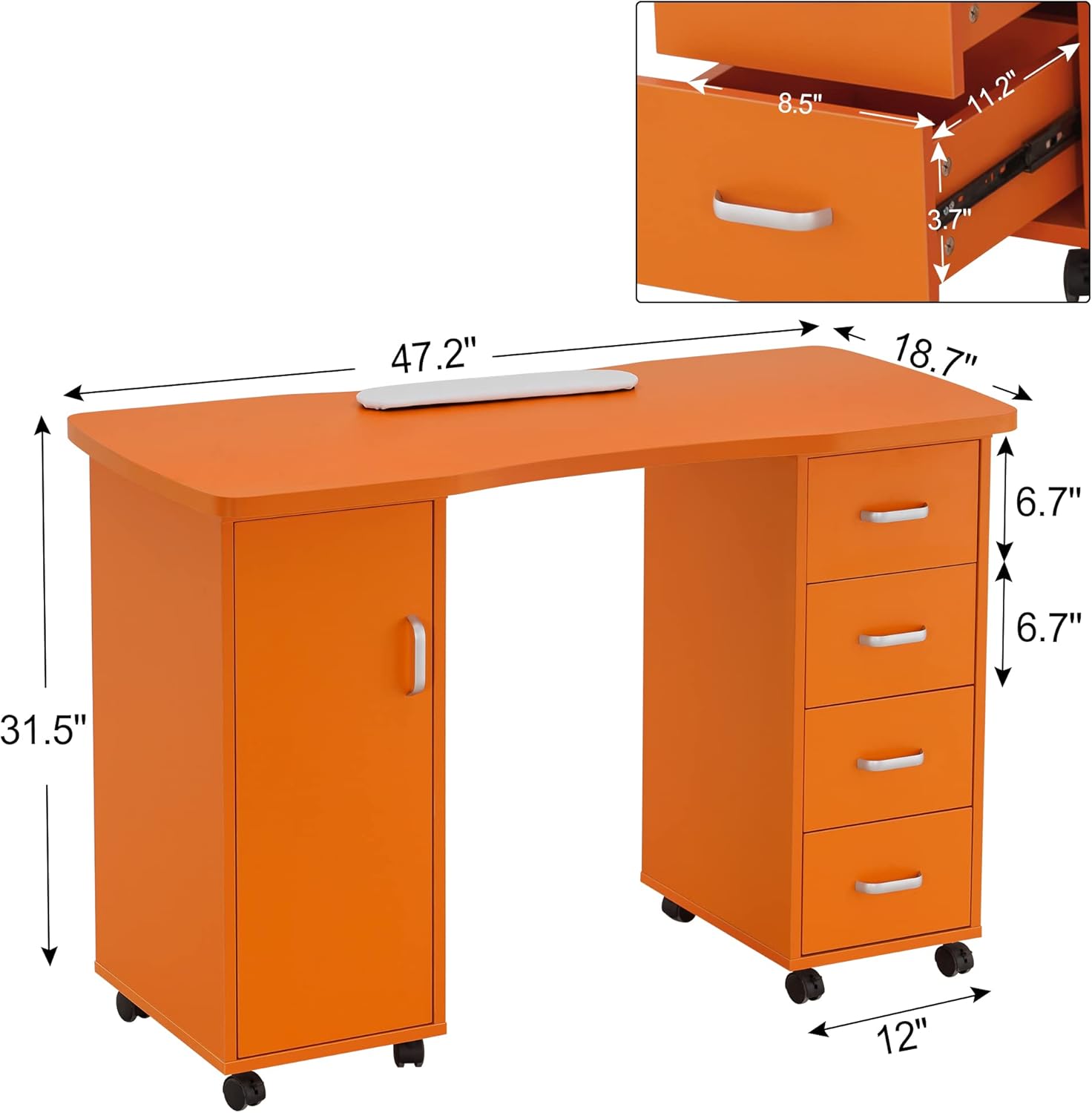 BarberPub Mesa de manicura, escritorio de uñas resistente a la acetona, mesa de uñas con 4 cajones, 2 gabinetes, ruedas bloqueables, almohadilla de