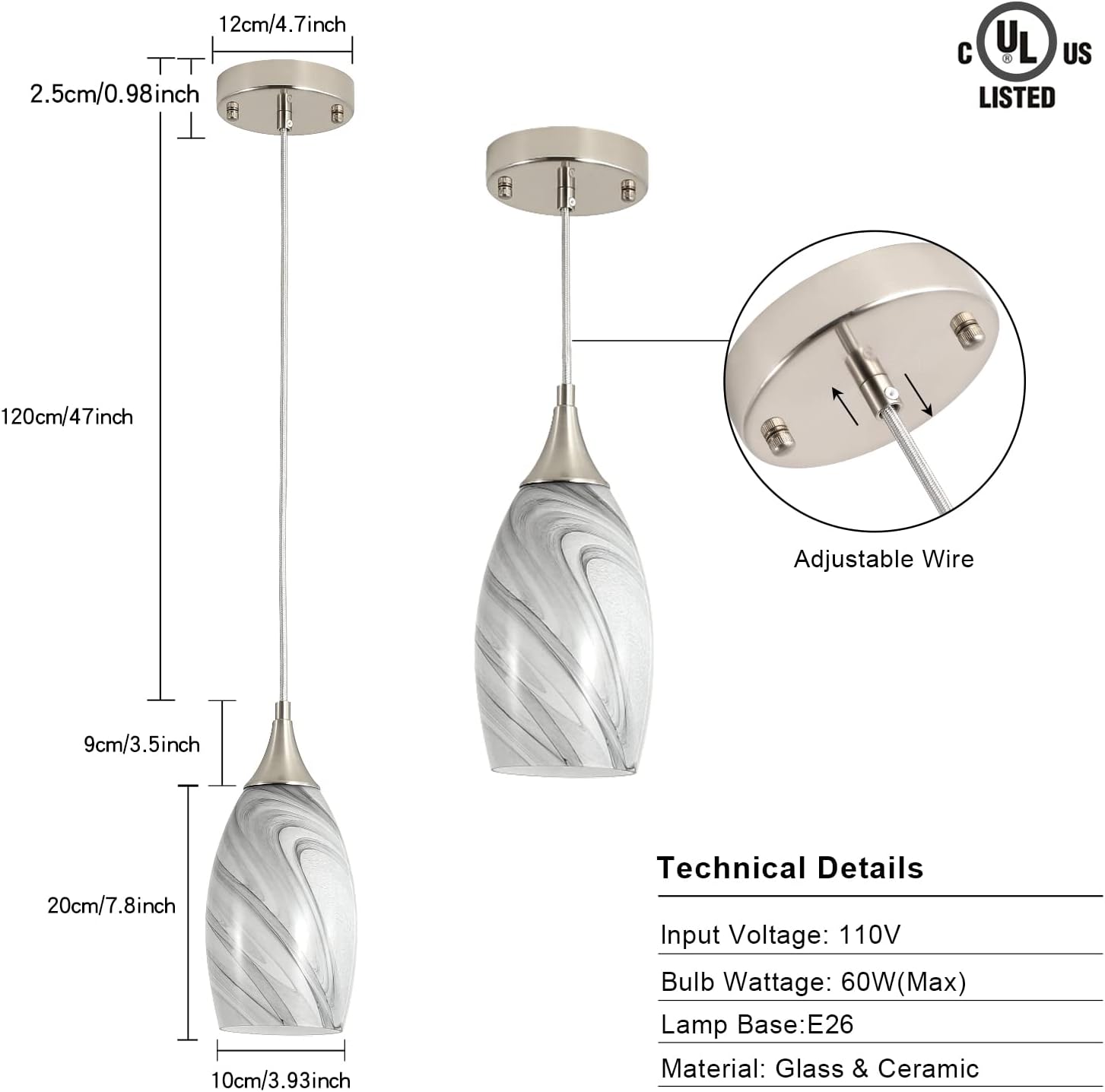 Iluminación colgante de cocina para isla, moderna lámpara colgante Edison con vidrio de arte hecho a mano, soporte de cerámica de núcleo de nailon