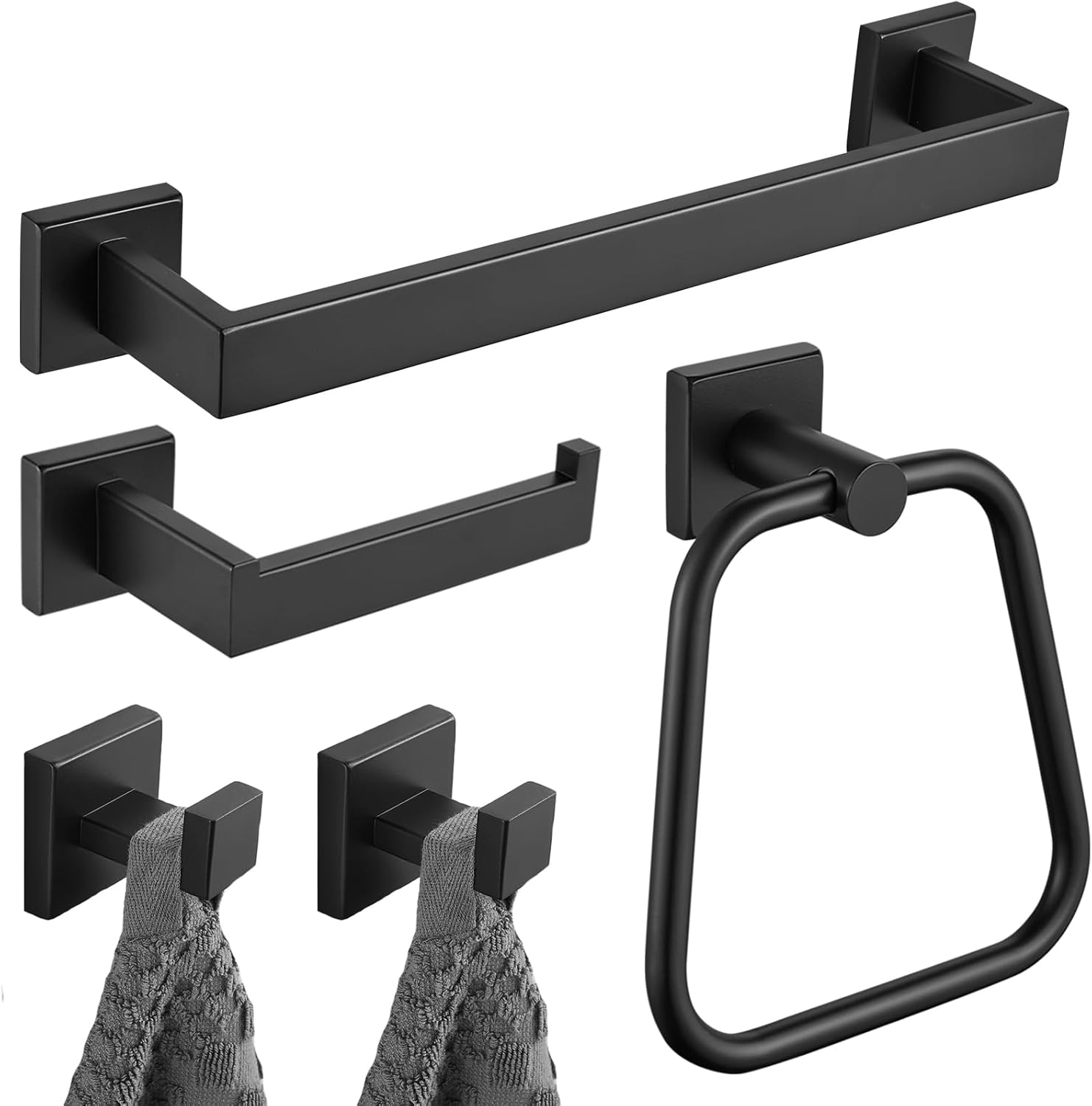 LOORODR Juego de accesorios de baño, toalleros de acero inoxidable SUS304, 5 piezas de barra de toalla negro mate montado en la pared, barras de