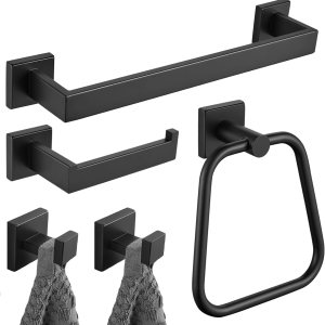 LOORODR Juego de accesorios de baño, toalleros de acero inoxidable SUS304, 5 piezas de barra de toalla negro mate montado en la pared, barras de LOORODR Juego de accesorios de baño, toalleros de acero inoxidable SUS304, 5 piezas de barra de toalla negro mate montado en la pared, barras de