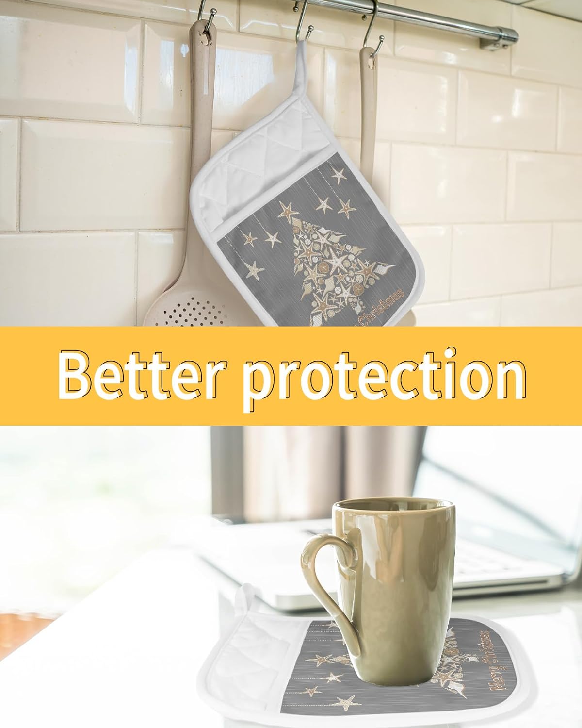 Christmas Tree 3Pcs Pot Holders for Kitchen,Non Slip & Heat Insulation Terry Cloth Potholder Set with Pocket,Thick Hot Pad Oven Mitts Trivet