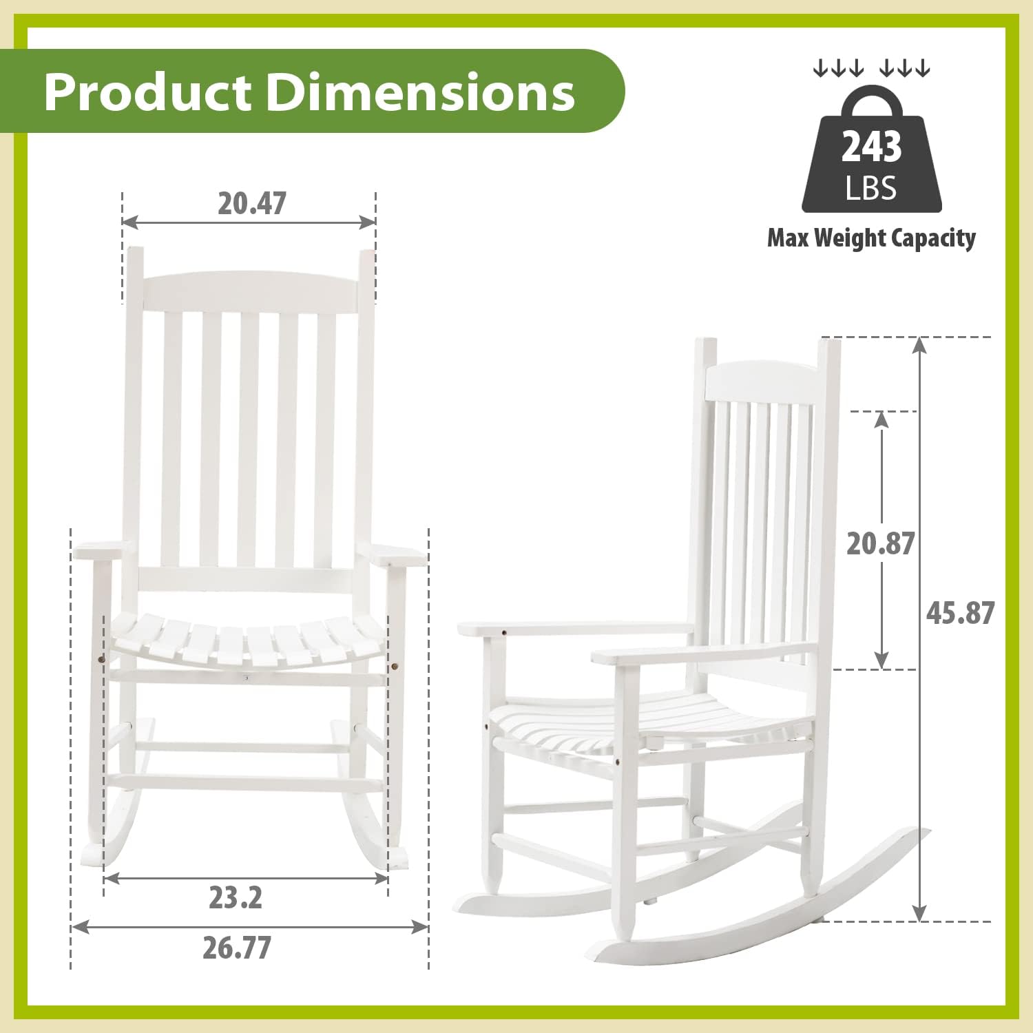 Mecedora para patio al aire libre, mecedora de porche con respaldo alto y pasamanos, cómoda y duradera, soporta peso de 243 libras, silla mecedora