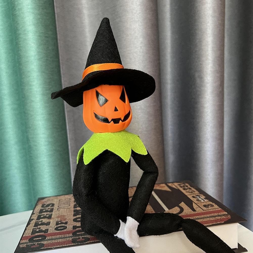 Muñeca de peluche de elfo de calabaza de Halloween de 14 pulgadas, juguete de elfo de calabaza hecho a mano con sombrero negro, guantes blancos,