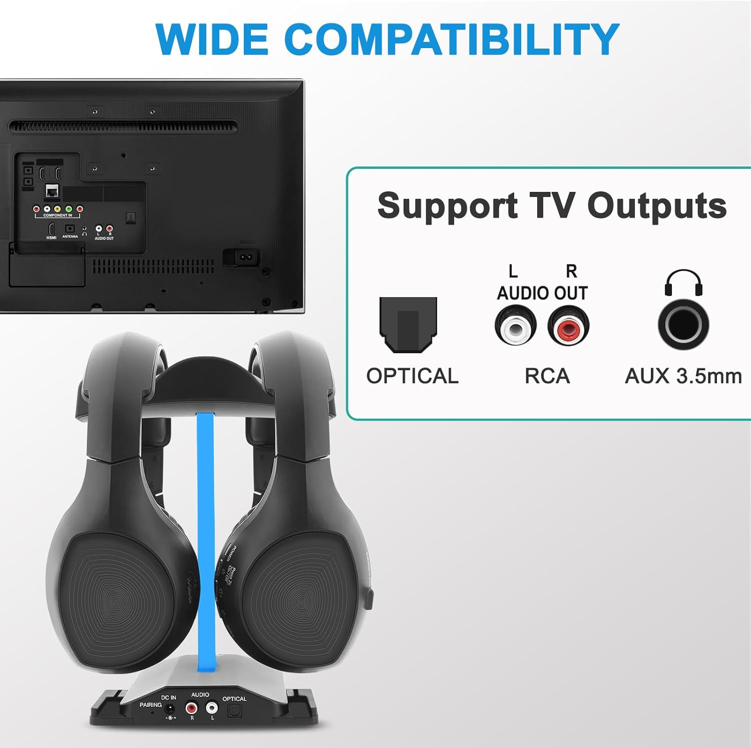 WallarGe Auriculares inalámbricos duales para ver televisión con base de carga de transmisor RF de 5.8 GHz, auriculares inalámbricos para 25 horas