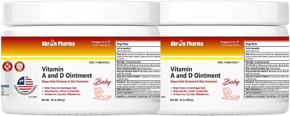 Ungüento de vitamina A y D, ungüento para erupción del pañal y protector de la piel, tarro de 1 libra (paquete de 2)