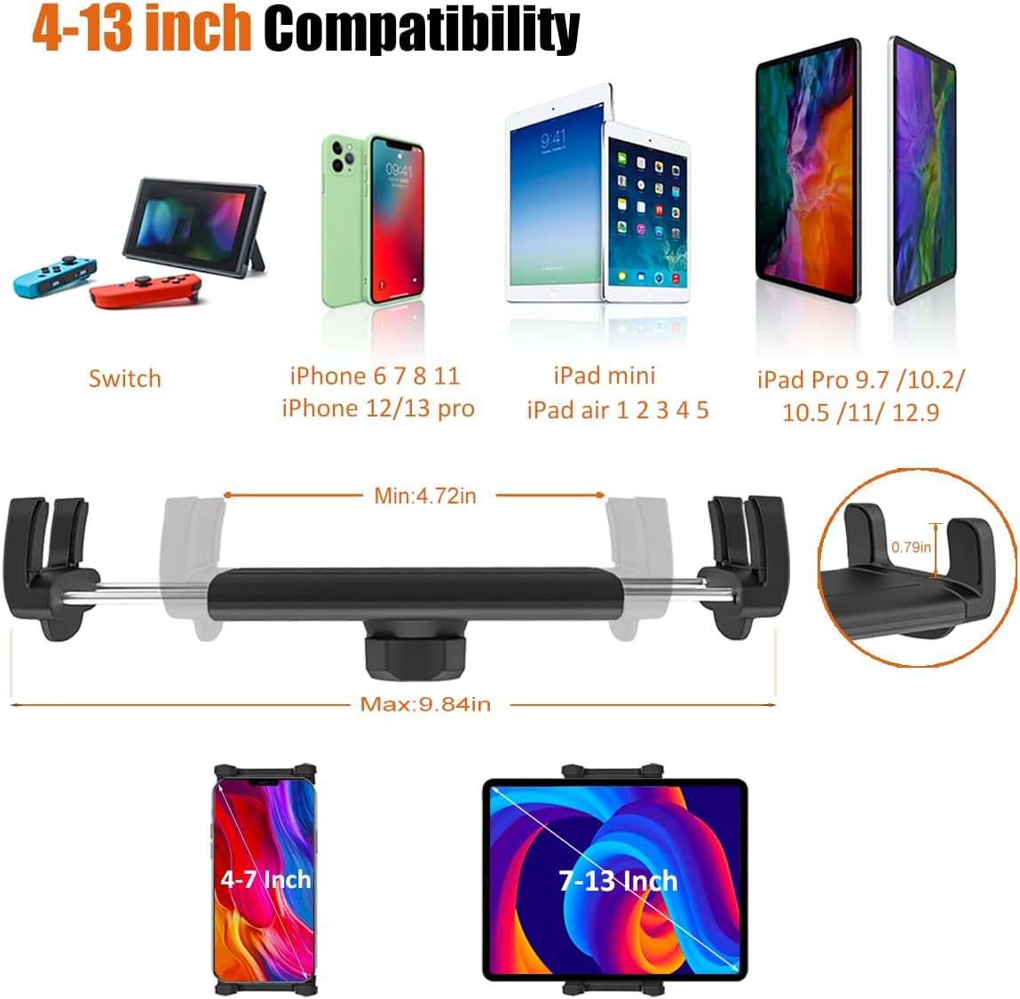 Soporte para tablet de parabrisas de camionetaautomóvil para iPad y teléfono de 4 a 13 pulgadas, soporte para tablet con brazo largo de cuello de