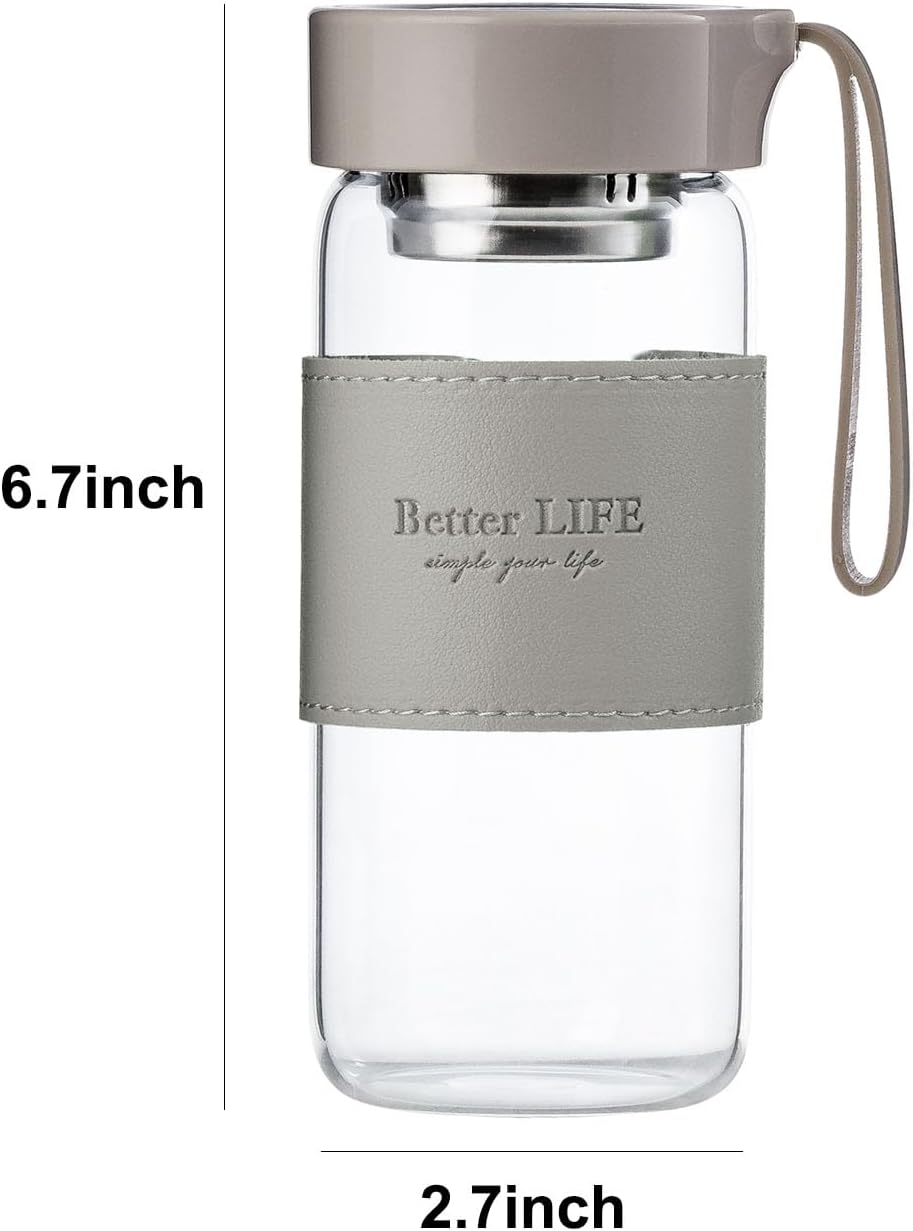 Botella de té de vidrio de 16 onzas con funda antideslizante e infusor de té inoxidable, tapa a prueba de fugas, botella de agua de vidrio portátil
