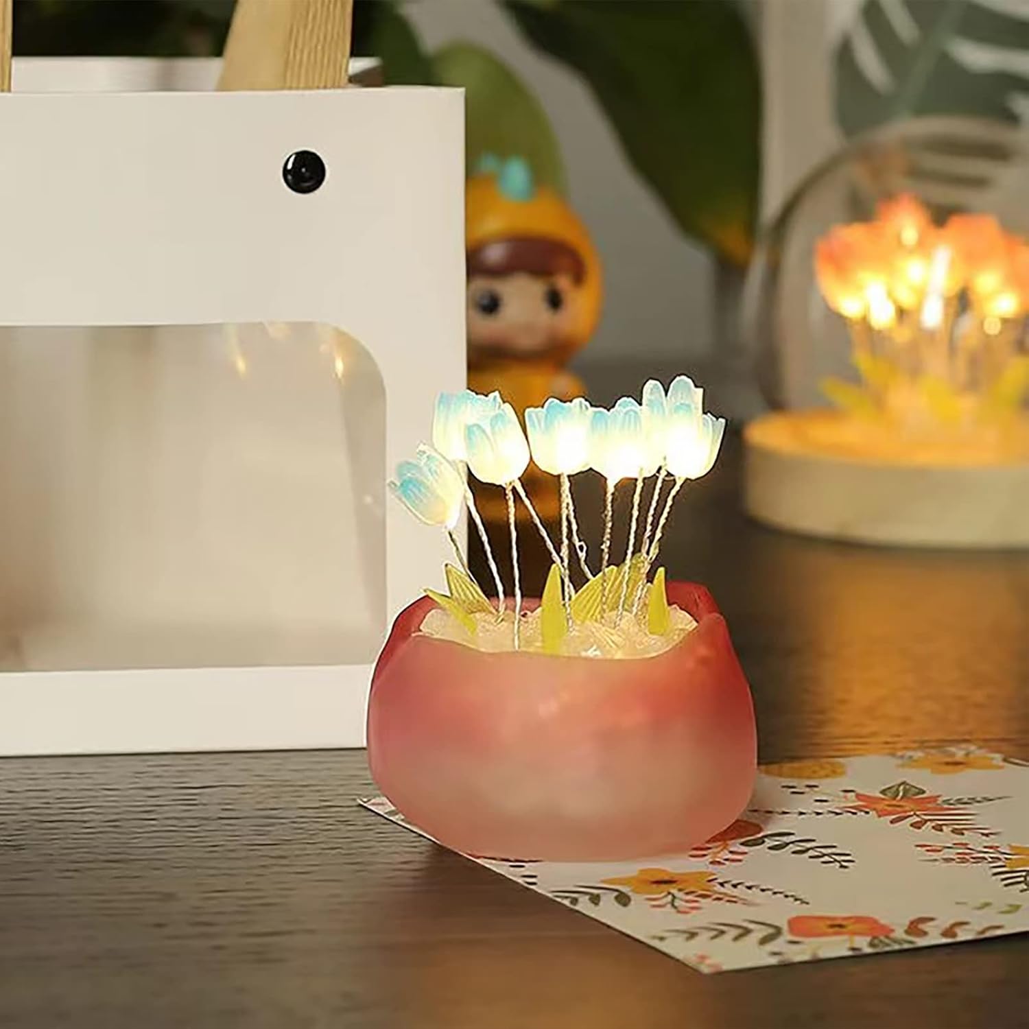 Luz nocturna de tulipán hecha a mano, bonita lámpara de mesa de flores de tulipán con maceta simulación para dormir, adornos para el hogar, sala de