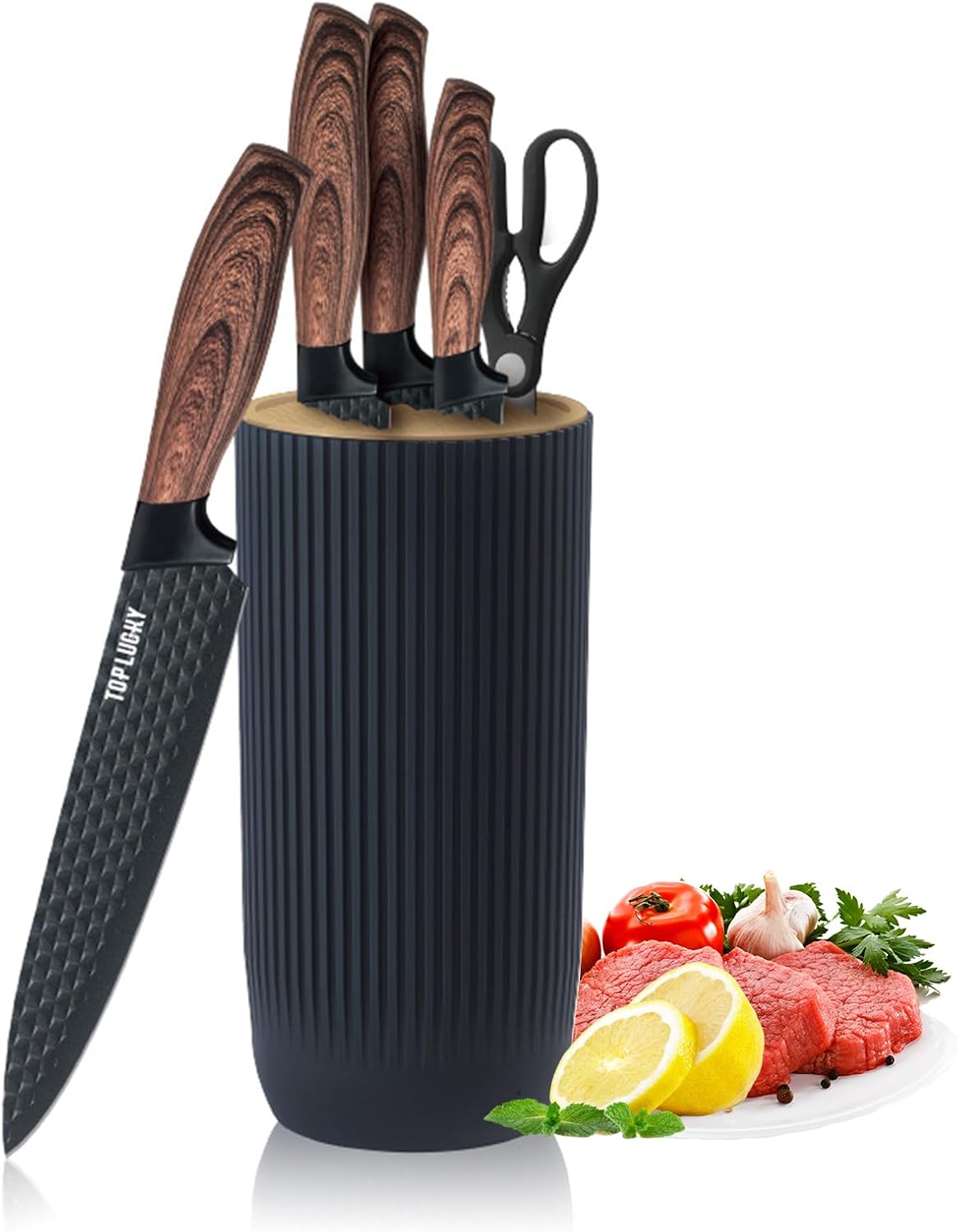 Juego de cuchillos de cocina de 6 piezas, color negro, juego de cuchillos afilados negros para cocina, antiadherentes, antideslizantes, juego de