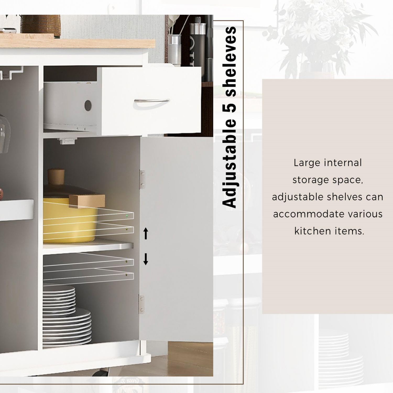 Carrito de cocina rodante con cajones, isla de cocina con estantes de almacenamiento laterales, parte superior de madera de goma, isla de
