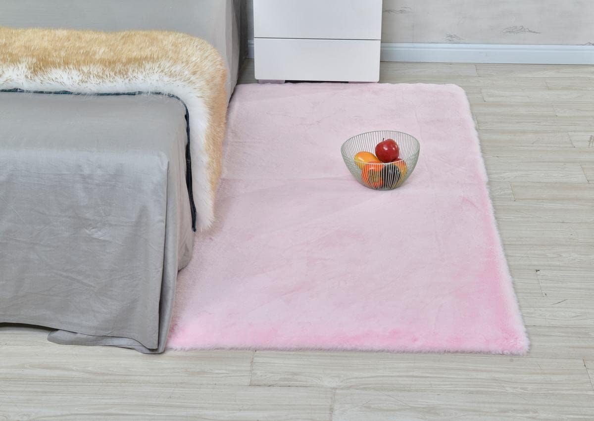 Alfombra de piel sintética de conejo ultra suave con respaldo antideslizante para sala de estar, decoración del piso del dormitorio, color rosa, 2 x
