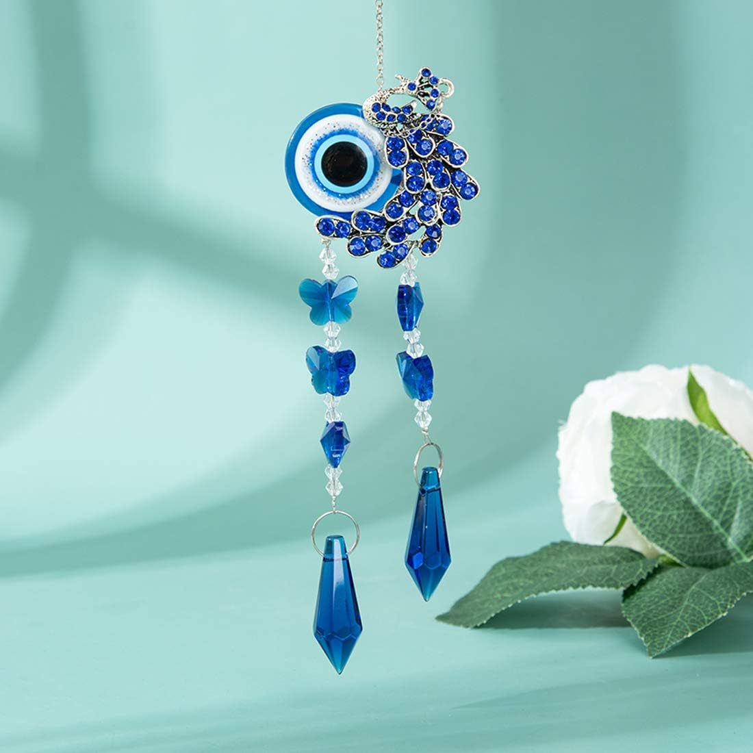 Colgante colgante de cristal azul pavo real con protección contra el mal de ojo, regalo