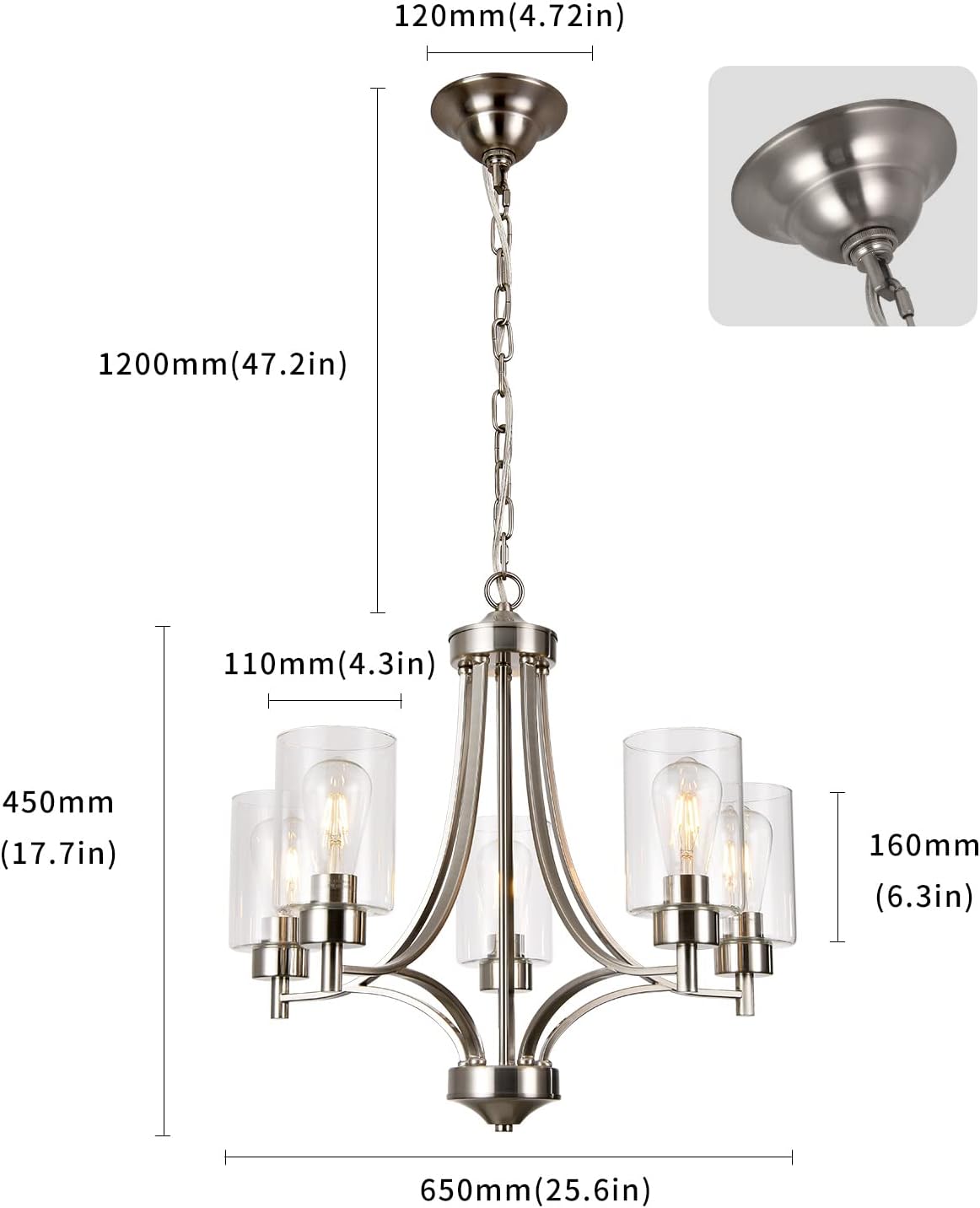 BOZO Moderno candelabro de 5 luces de níquel cepillado para comedor con pantalla de vidrio transparente colgante de techo para cocina pasillo
