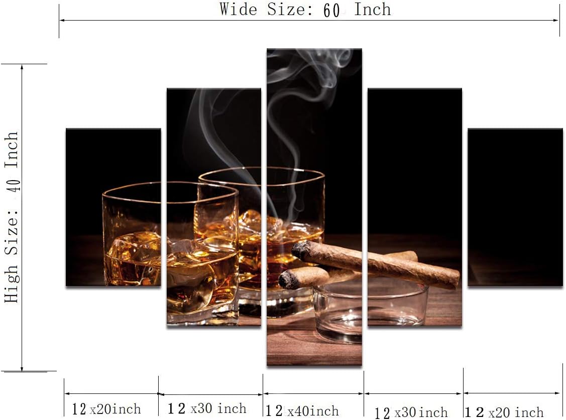 Lienzo decorativo para pared, pintura de cigarros y vino, copa de vino, whisky, cigarrillo, imagen, 5 paneles, licor bodegón, pósters, impresiones