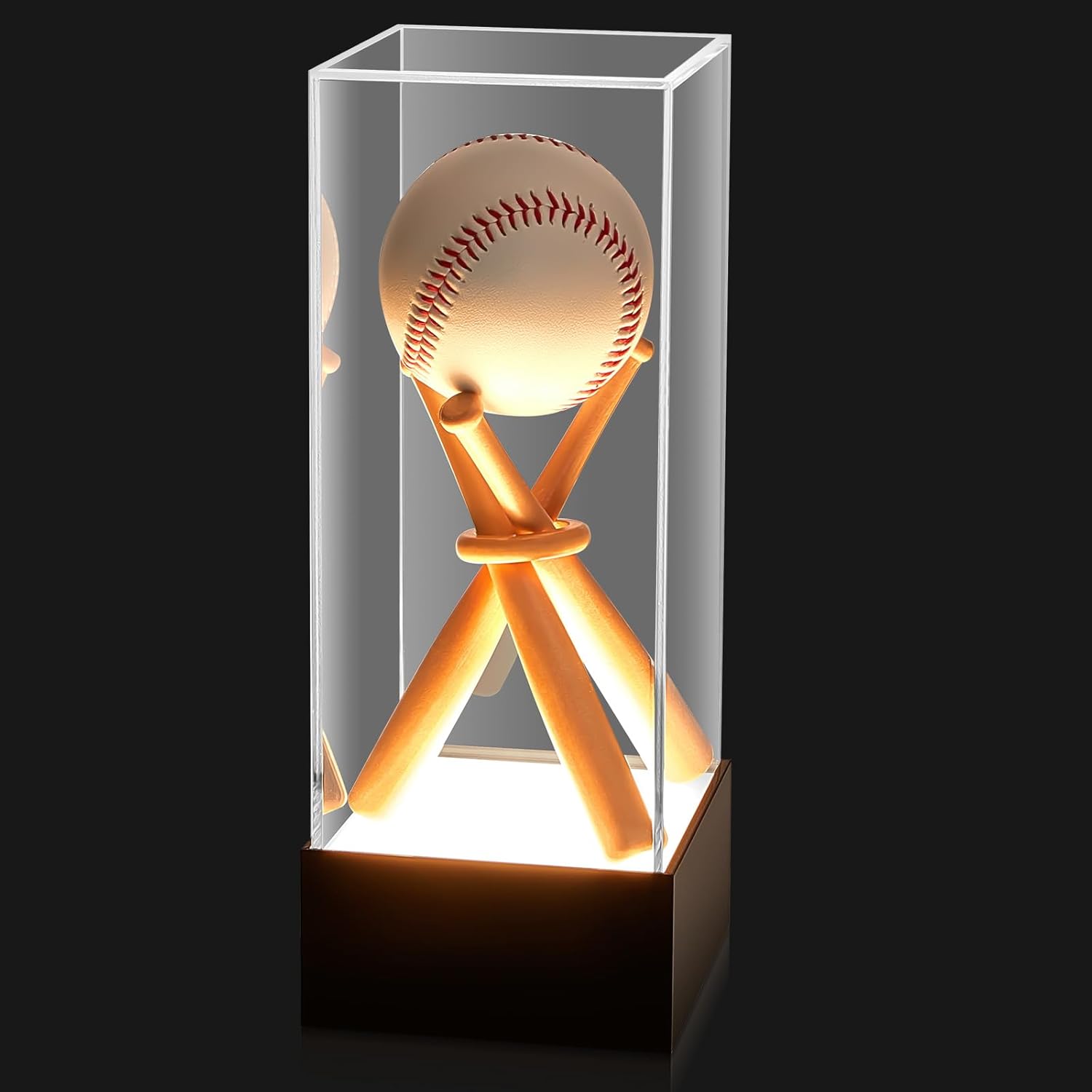 Menkxi Vitrina de béisbol con base de luz LED, soporte de béisbol con palos de madera, soporte de exhibición de acrílico transparente con protección