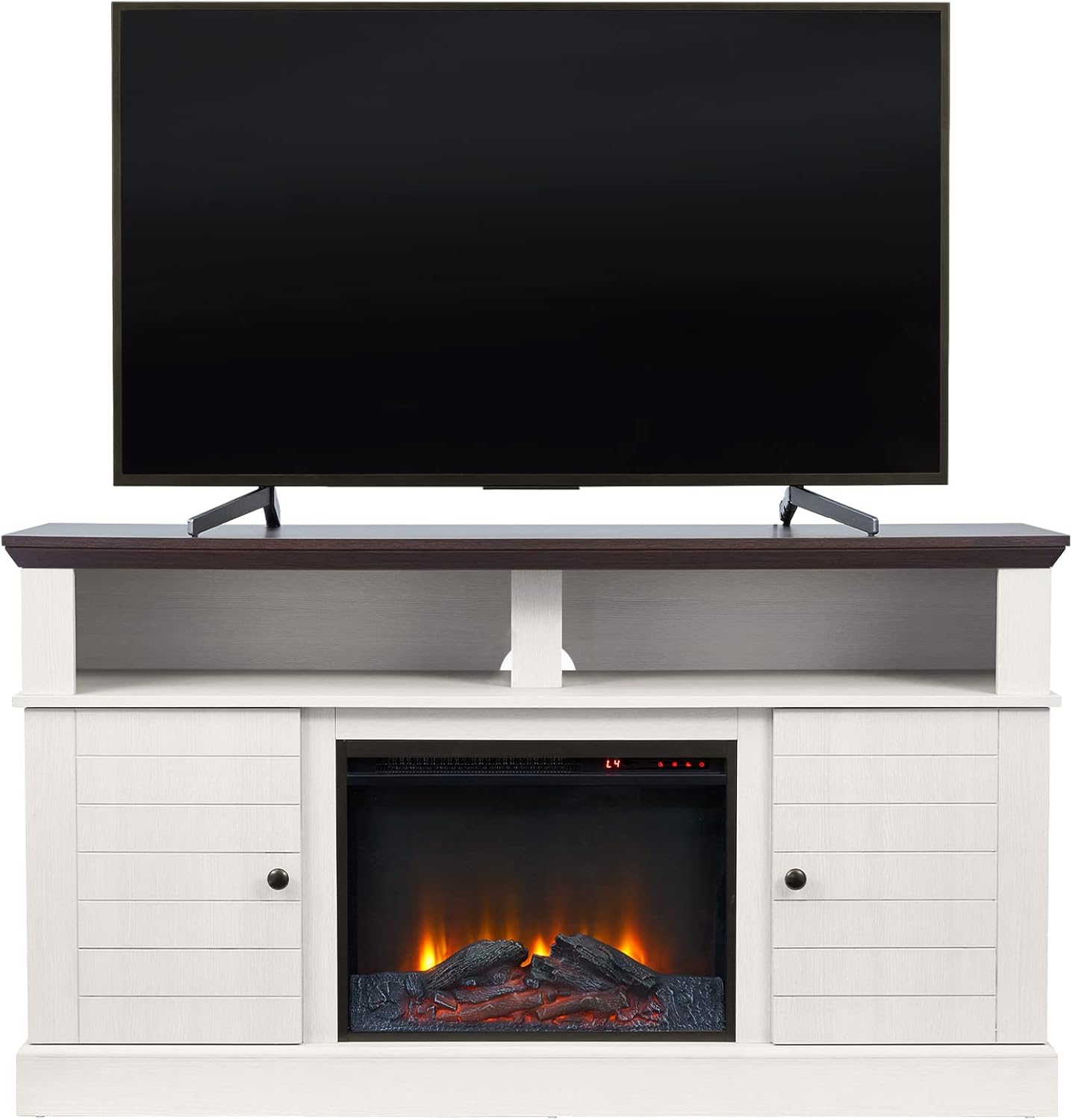 Teamson Home Eliana – Centro de entretenimiento de granja de 60 pulgadas con chimenea, estantes abiertos, dos gabinetes, roble blanco y oscuro