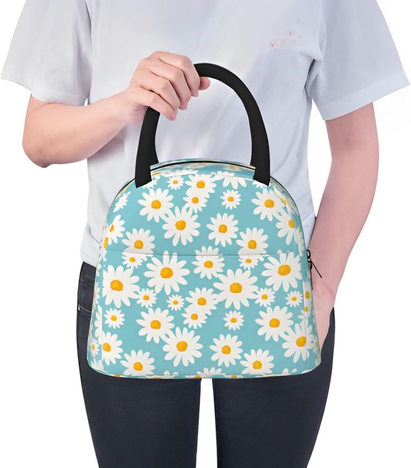 Daisy Flora – Lonchera térmica para mujeres, lonchera portátil con diseño de margaritas y flores, reutilizable, térmica, bolsa de almuerzo para la