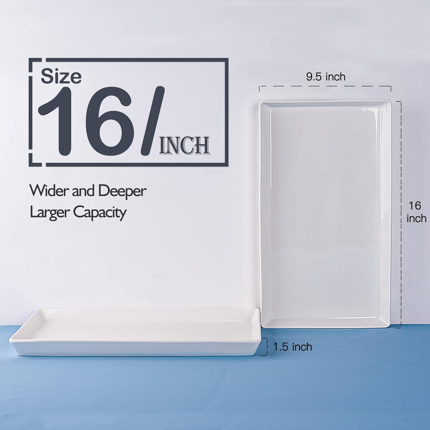 Delling Bandeja grande para servir, bandeja grande de 16 x 9.5 pulgadas, platos rectangulares de porcelana blanca para servir alimentos, bandejas de