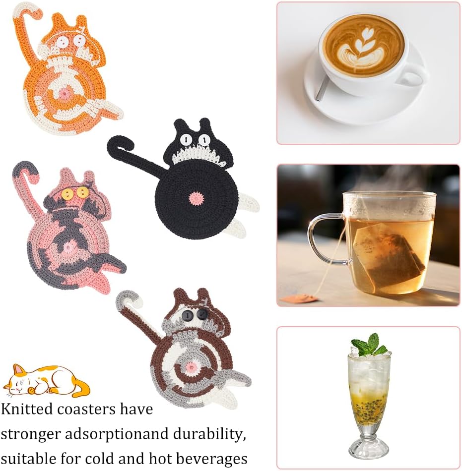 4 posavasos de punto con diseño de gato, bonitos y divertidos posavasos de punto rosa, negro, naranja, gris, marrón, protección de mesa, regalo para