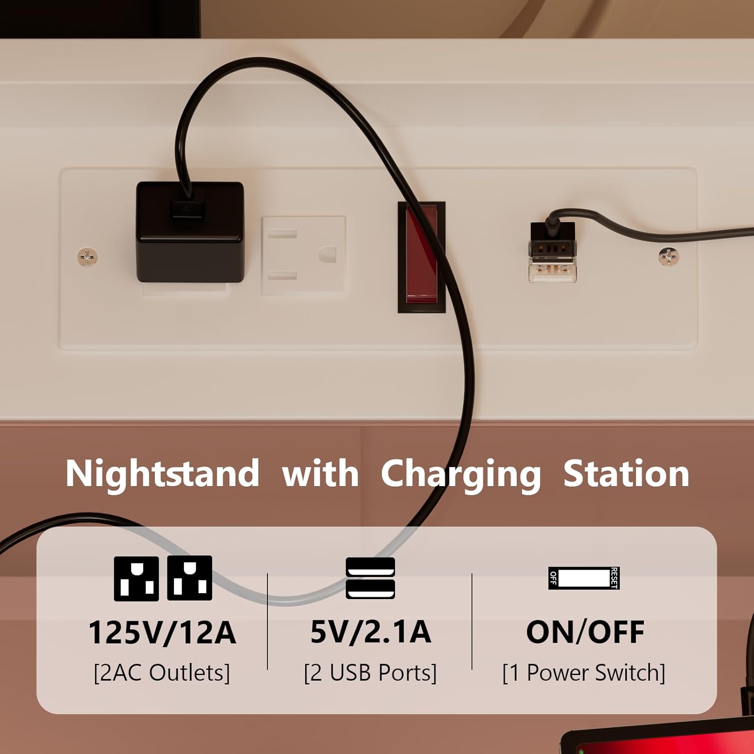 Mesita de noche con estación de carga, luces LED, mesita de noche con estante extraíble y 2 cajones, mesita de noche con mesa de vidrio templado,
