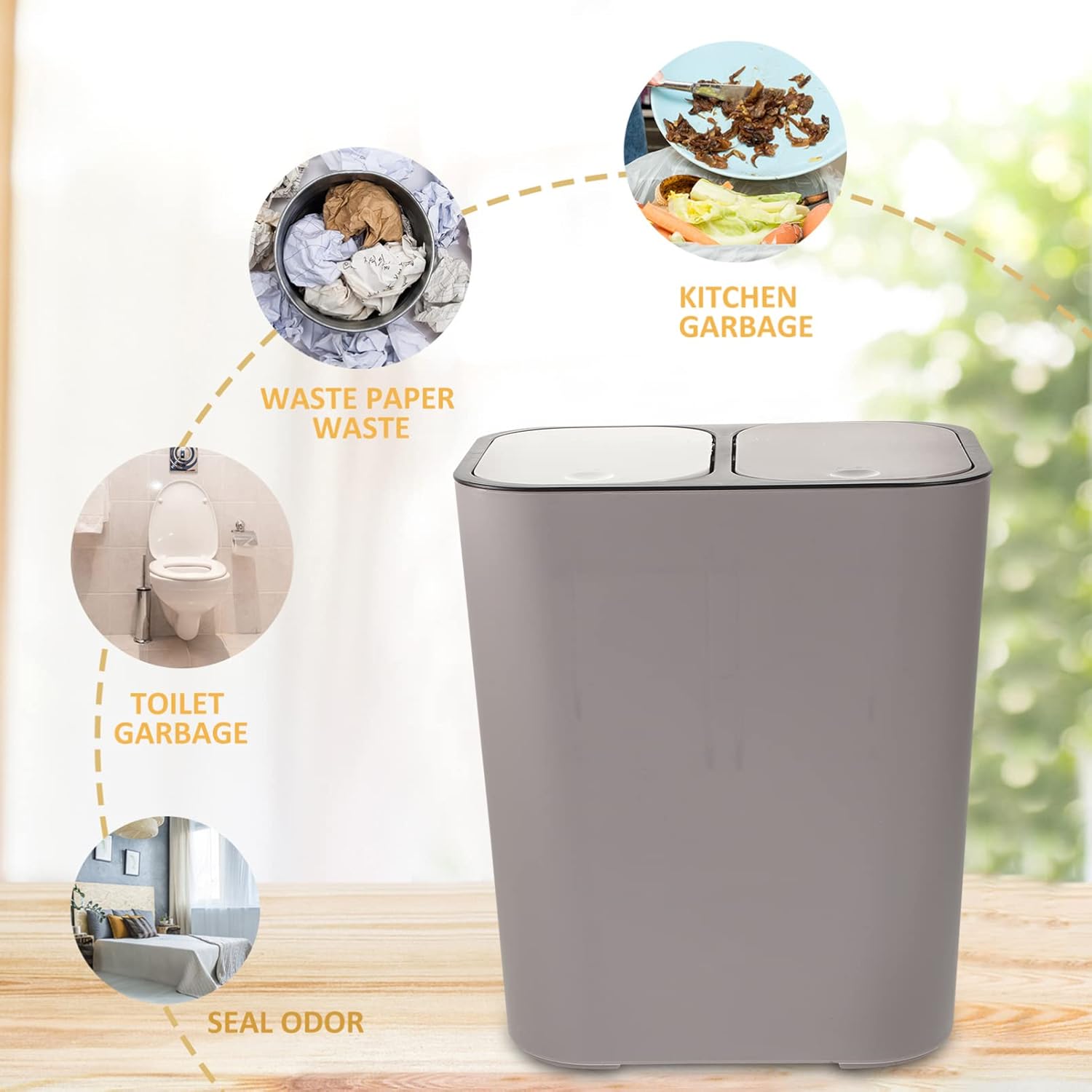 Alipis Bote de basura de dos compartimentos, cubo de basura de doble compartimento, cubo de basura de plástico para reciclaje, cubo de basura