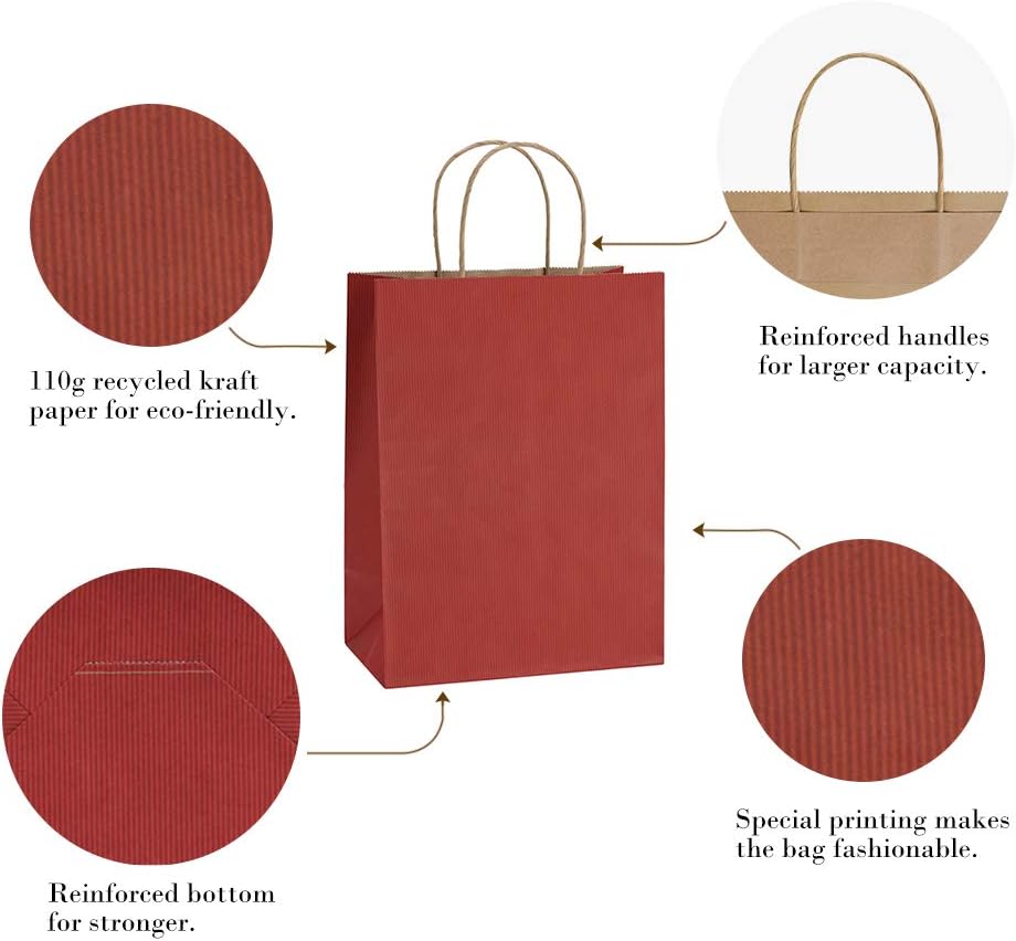 BagDream Bolsas de regalo de 10 x 5 x 13 pulgadas, 25 bolsas de papel kraft de rayas rojas, bolsas de compras, bolsas de Mechandise, bolsas de venta