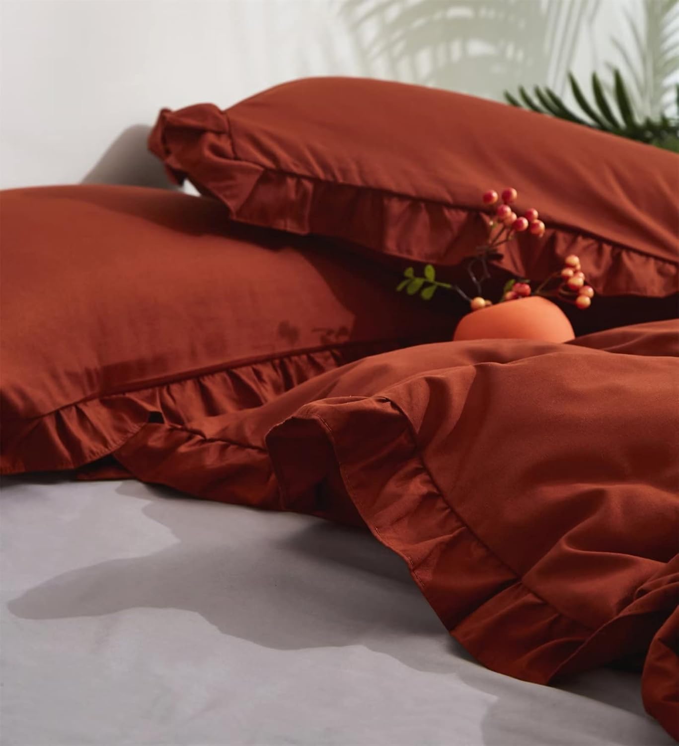 Houseri Juego de edredón de color naranja quemado con volantes, tamaño King, ropa de cama bohemia de color óxido, color naranja caramelo, terracota