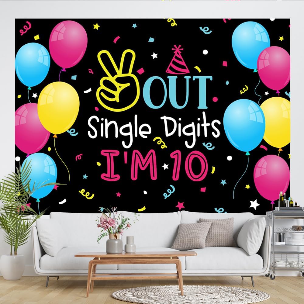 Lofaris Fondo de 7 x 5 pies con un solo dígito con texto en inglés “I’m 10” Happy Birthday para niños, niños o niñas, globo de colores de doble