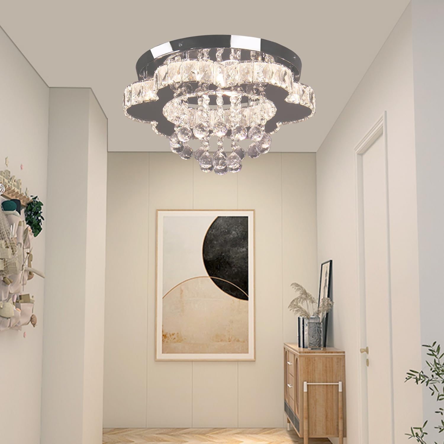 Finktonglan Candelabro LED de cristal moderno de 16 pulgadas, lámpara de techo de montaje empotrado, lámpara de comedor de flores para sala de