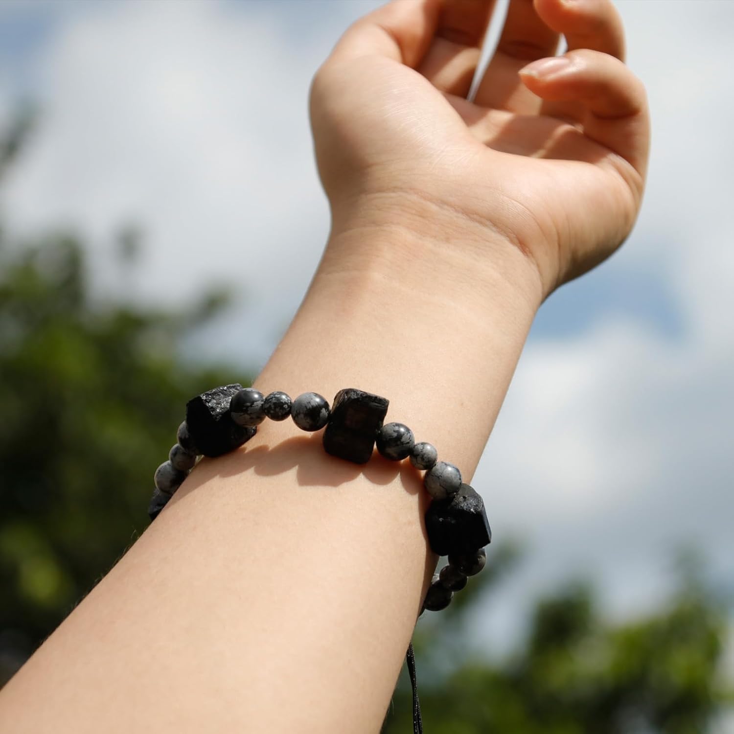 Mens Healing Crystal Tourmaline Bracelet – Black Tourmaline Snowflake Obsidian Beaded Bracelets Fathers Day Graduation Gifts, Mens Chakra Gemstones