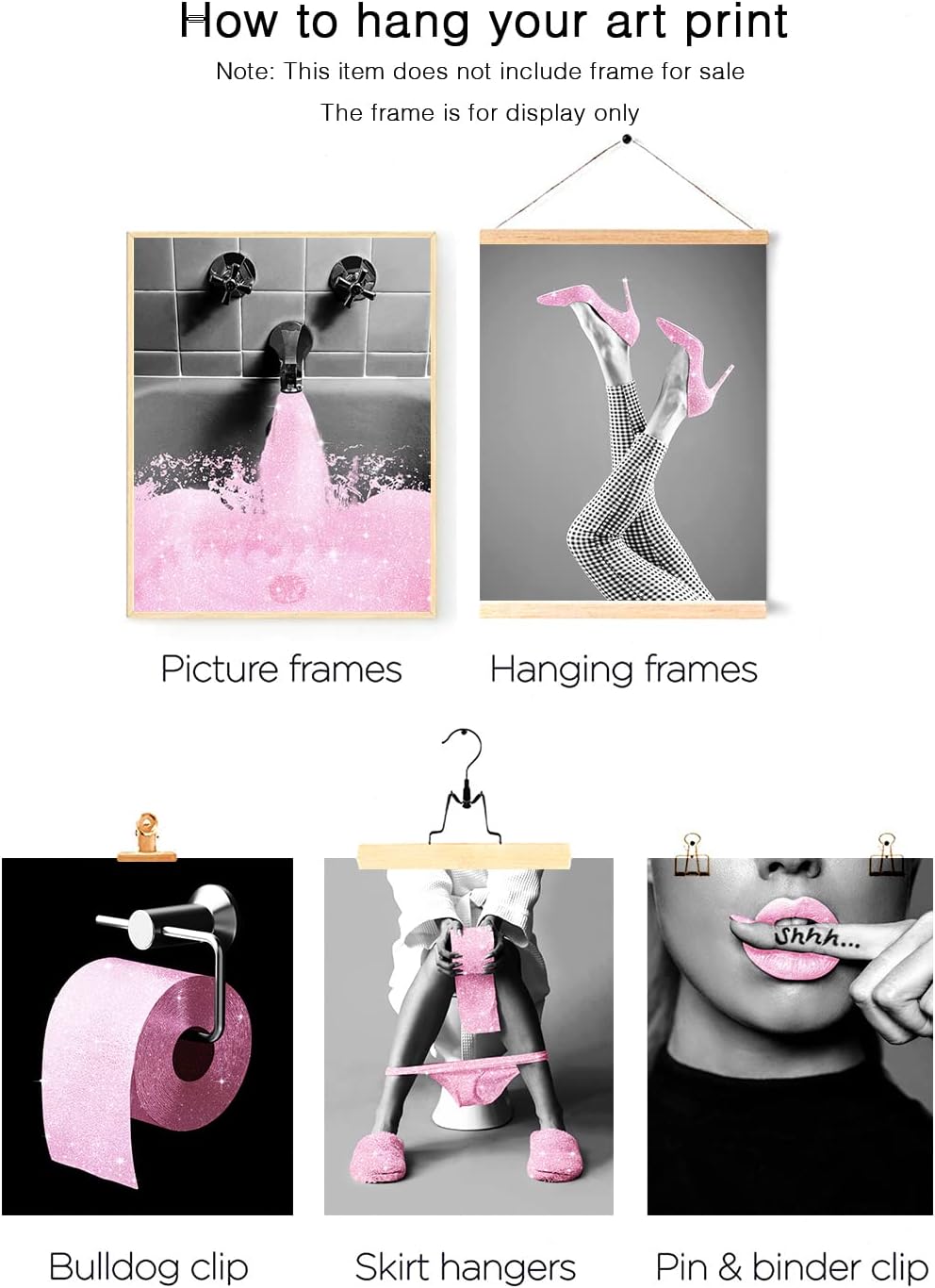 Juego de 6 impresiones artísticas de pared de moda para decoración de baño, pósteres de tela con purpurina glamorosa, fotos, obras de arte de baño,