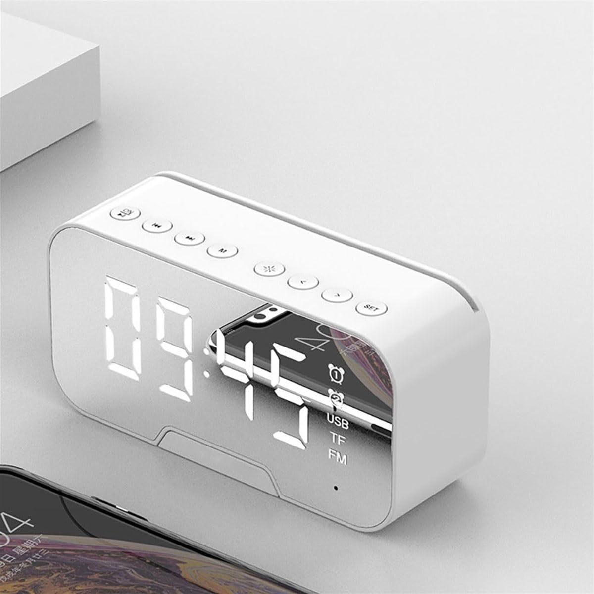 Reloj despertador, material ABS, espejo multifunción, altavoz Bluetooth con radio FM, subwoofer inalámbrico, reproductor de música, reloj de mesa,