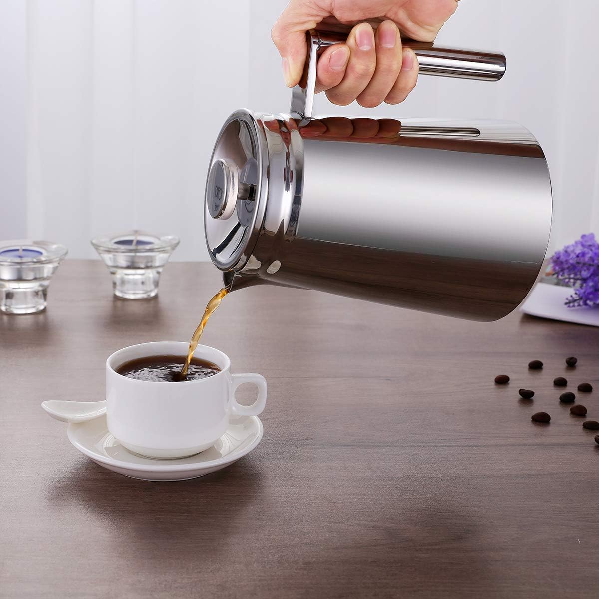 Meelio Cafetera pequeña de prensa francesa, prensa francesa con aislamiento de doble pared, acero inoxidable, incluye 4 fliters adicionales (27.1 fl