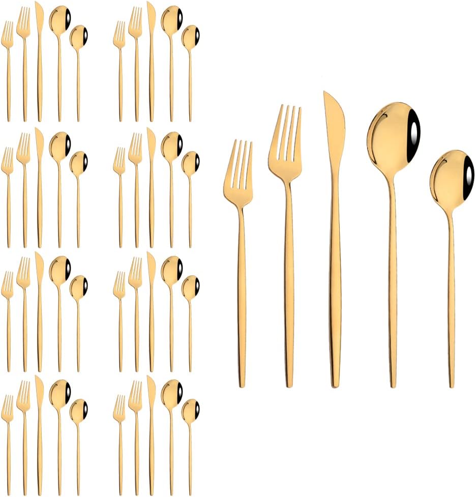 JASHII Juego de cubiertos de 40 piezas, acero inoxidable, para el hogar, cocina, hotel, restaurante, básicos, para 8, pulido con espejo, dorado