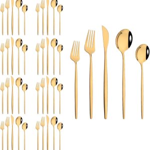 JASHII Juego de cubiertos de 40 piezas, acero inoxidable, para el hogar, cocina, hotel, restaurante, básicos, para 8, pulido con espejo, dorado JASHII Juego de cubiertos de 40 piezas, acero inoxidable, para el hogar, cocina, hotel, restaurante, básicos, para 8, pulido con espejo, dorado