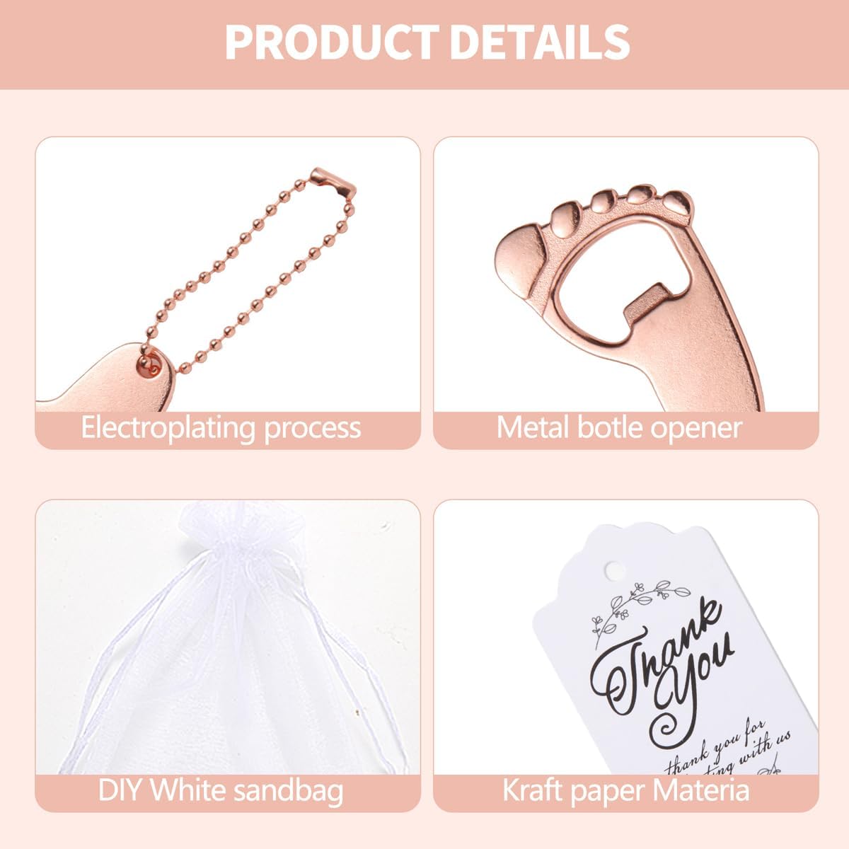 25 piezas de abrebotellas de huellas, recuerdos de baby shower, suministros y decoraciones con bolsas de organza y 1 rollo de cuerda de yute (oro