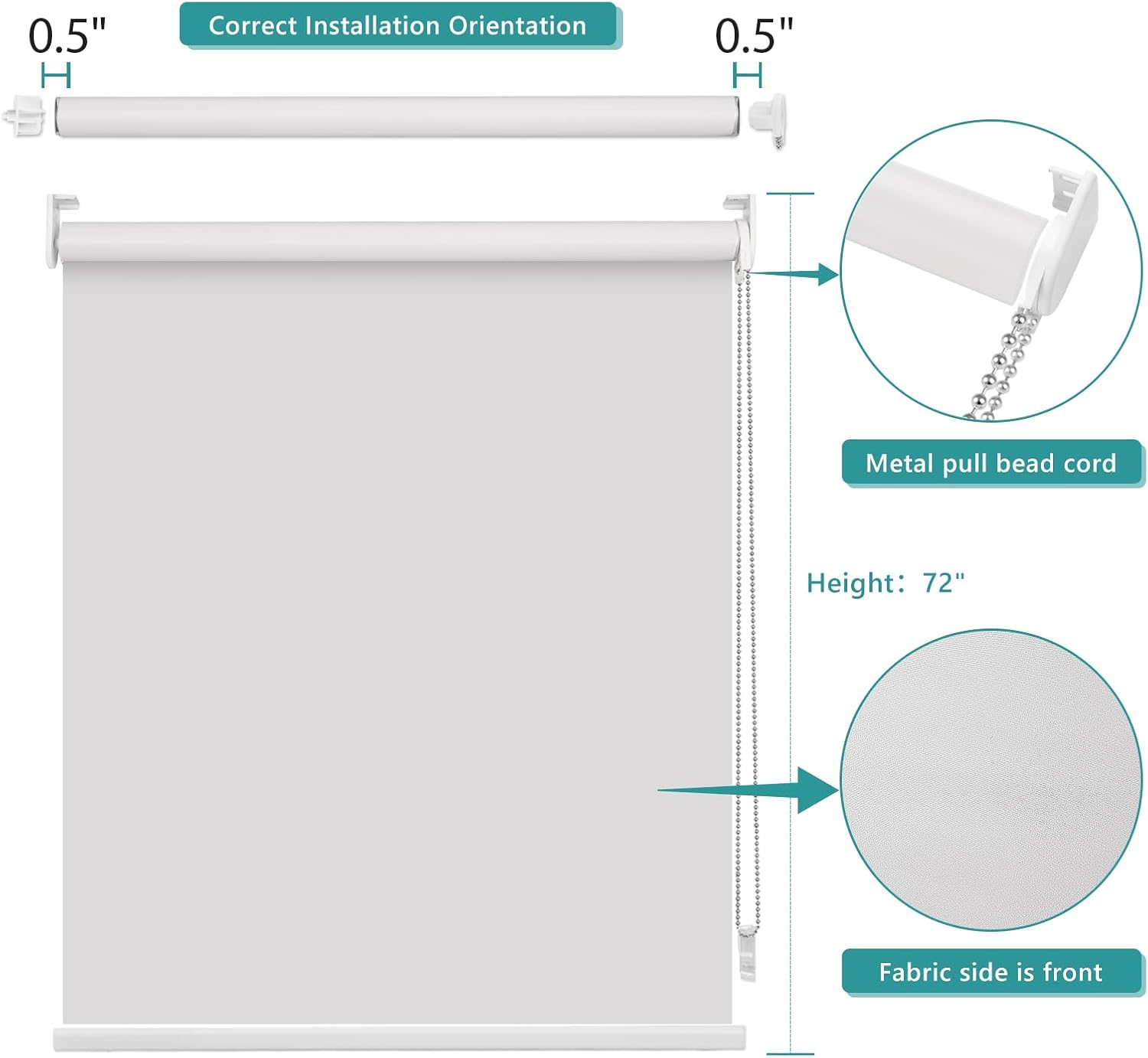Buseu Persiana enrollable 100% opaca de 34 pulgadas de ancho x 72 pulgadas de alto, color blanco con aislamiento térmico, protección UV, privacidad,