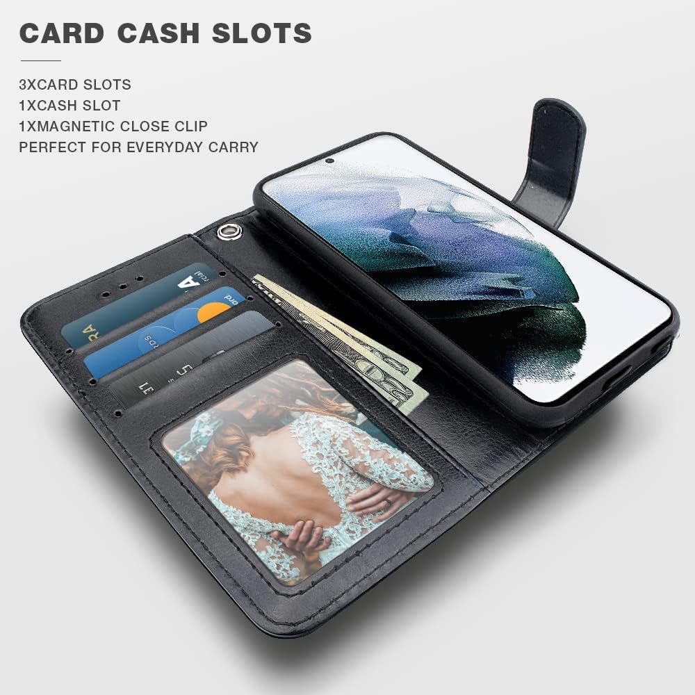 Shields Up Funda tipo cartera para Samsung Galaxy S21, magnética desmontable con tarjetero y correa para la muñeca, cuero vegano Funda protectora