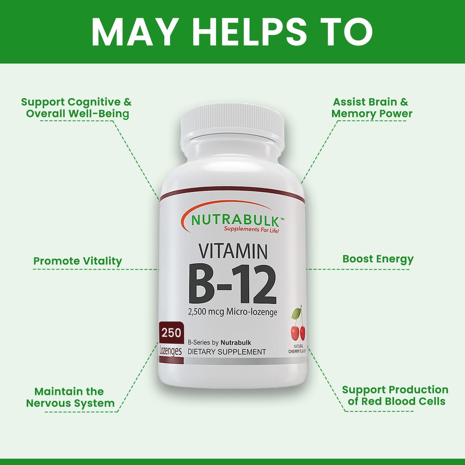 NutraBulk Vitamina B-12 Cápsulas de 2500 mcg Micro-Pastilla  Apoya el bienestar cognitivo y general  Sabor a cereza – Tabletas sublinguales (250