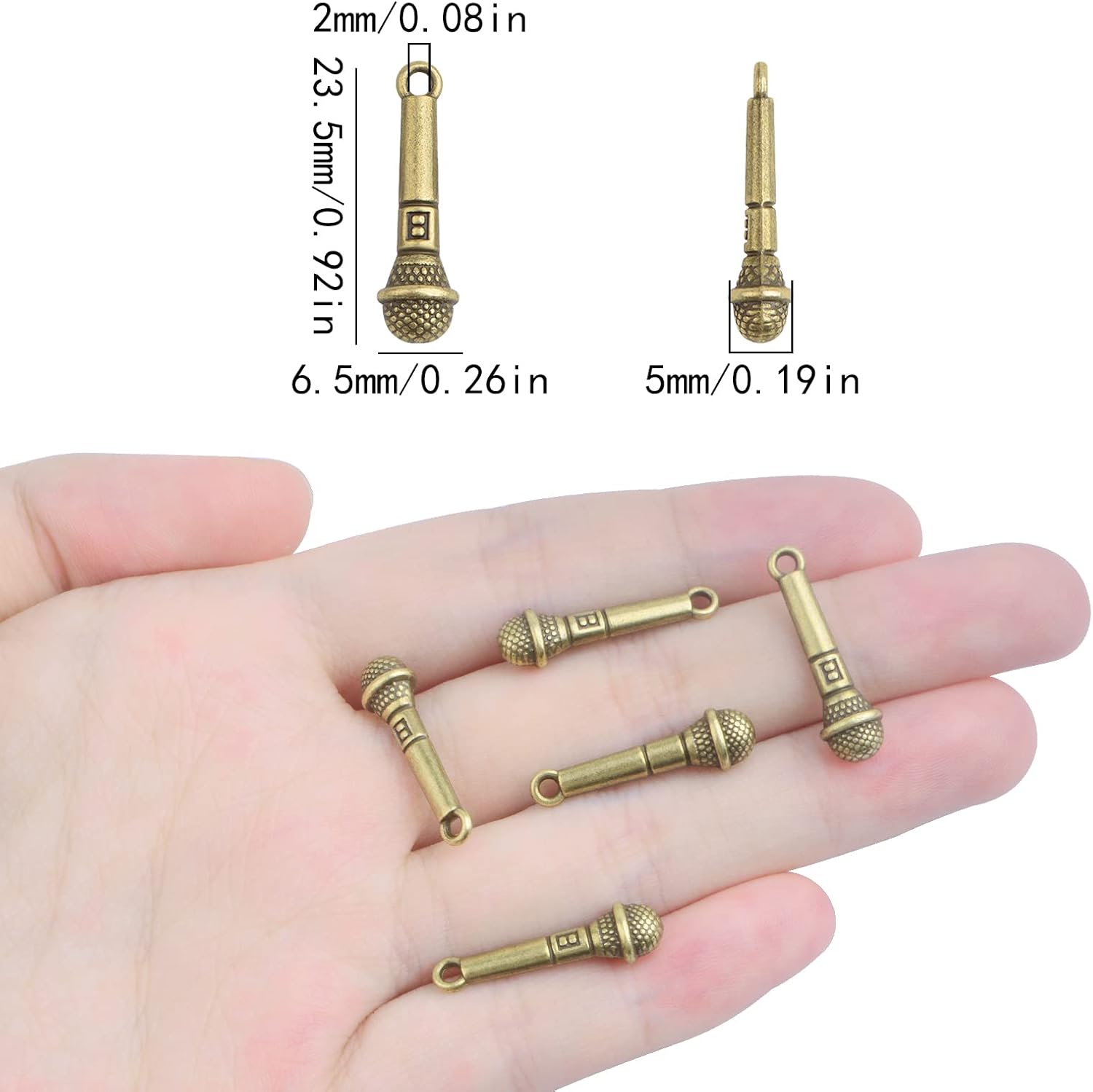 60 dijes de bronce antiguo con forma de micrófono, de aleación vintage, para micrófono, colgantes, suministros de manualidades para collares,