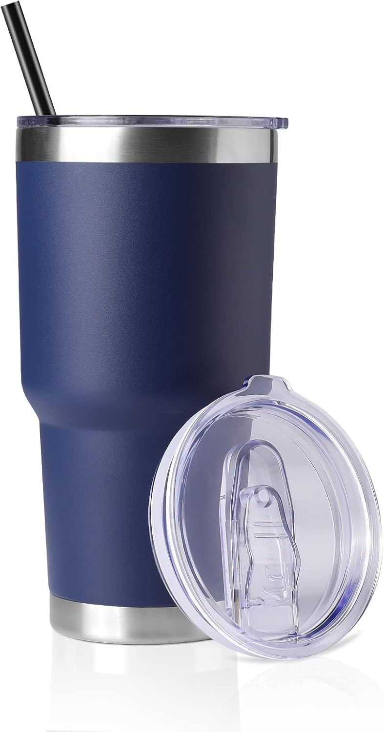 DOMICARE Vaso de 30 oz con tapa y pajita, vasos de acero inoxidable a granel, aislado al vacío de doble pared, taza para café de viaje, vaso