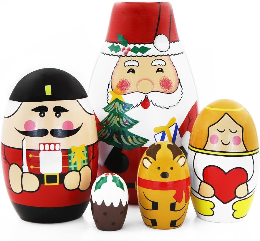 Winterworm Juego de 5 muñecas anidables de Navidad, regalo de Papá Noel, soldado, ángel, alce, madera, Matryoshka, manualidades, muñeca de anidación