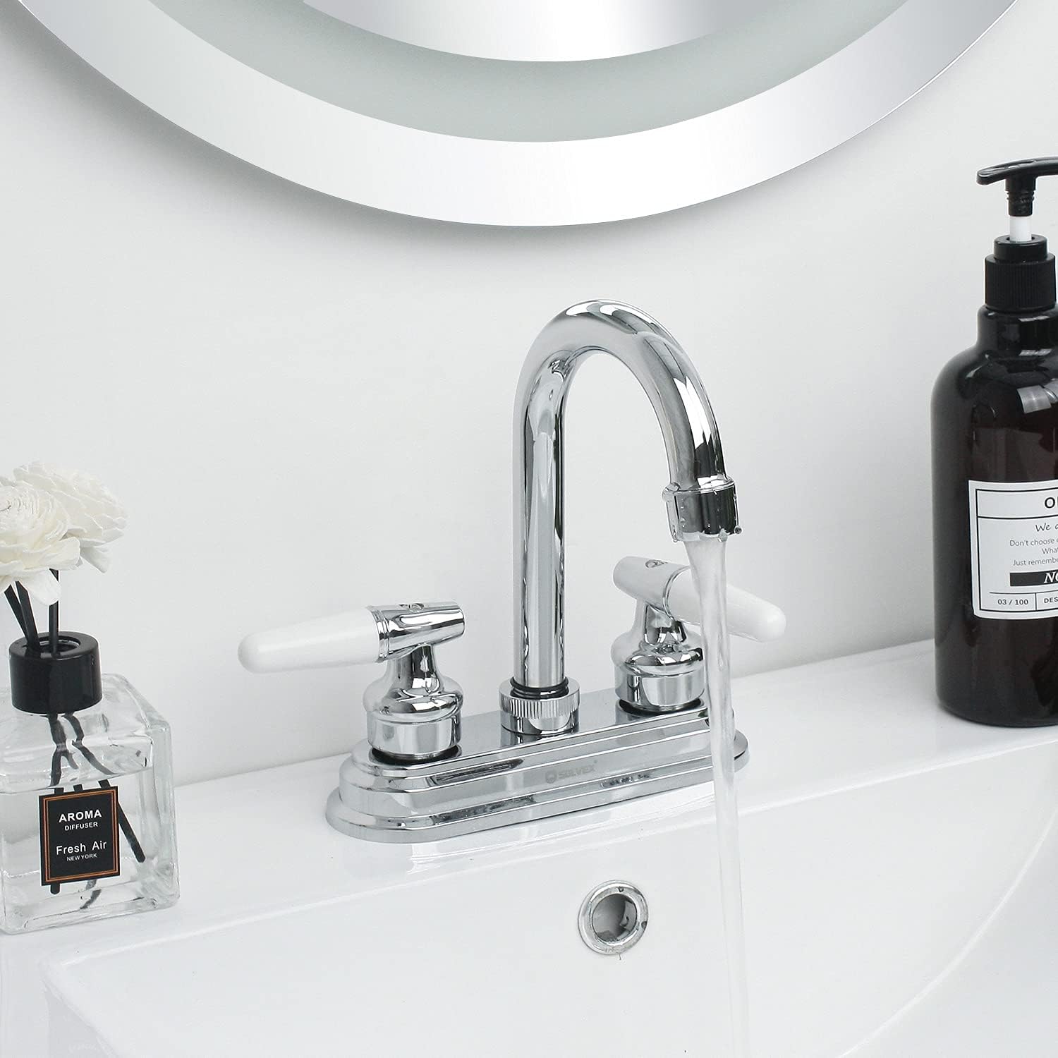 SOLVEX Centerset SP-40004-2 – Grifo de lavabo de baño WaterSense de 4 pulgadas, grifo de baño de 3 agujeros, níquel cepillado, grifo de lavabo de