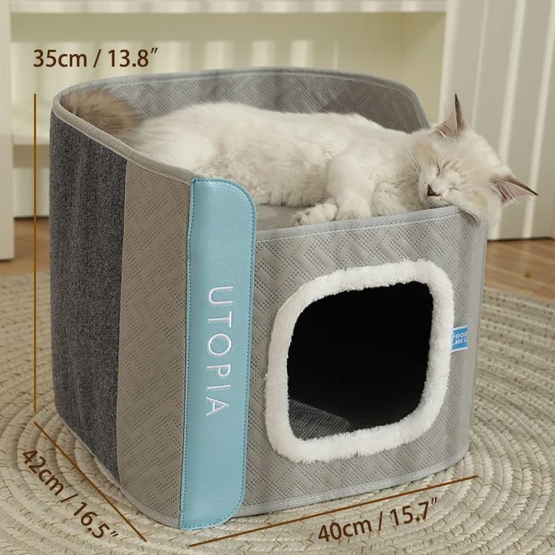 Camas grandes cubiertas para gatos con almohadilla de arañazos para gatos de interior, casa para gatos para mascotas, cueva de gato, doble plegable