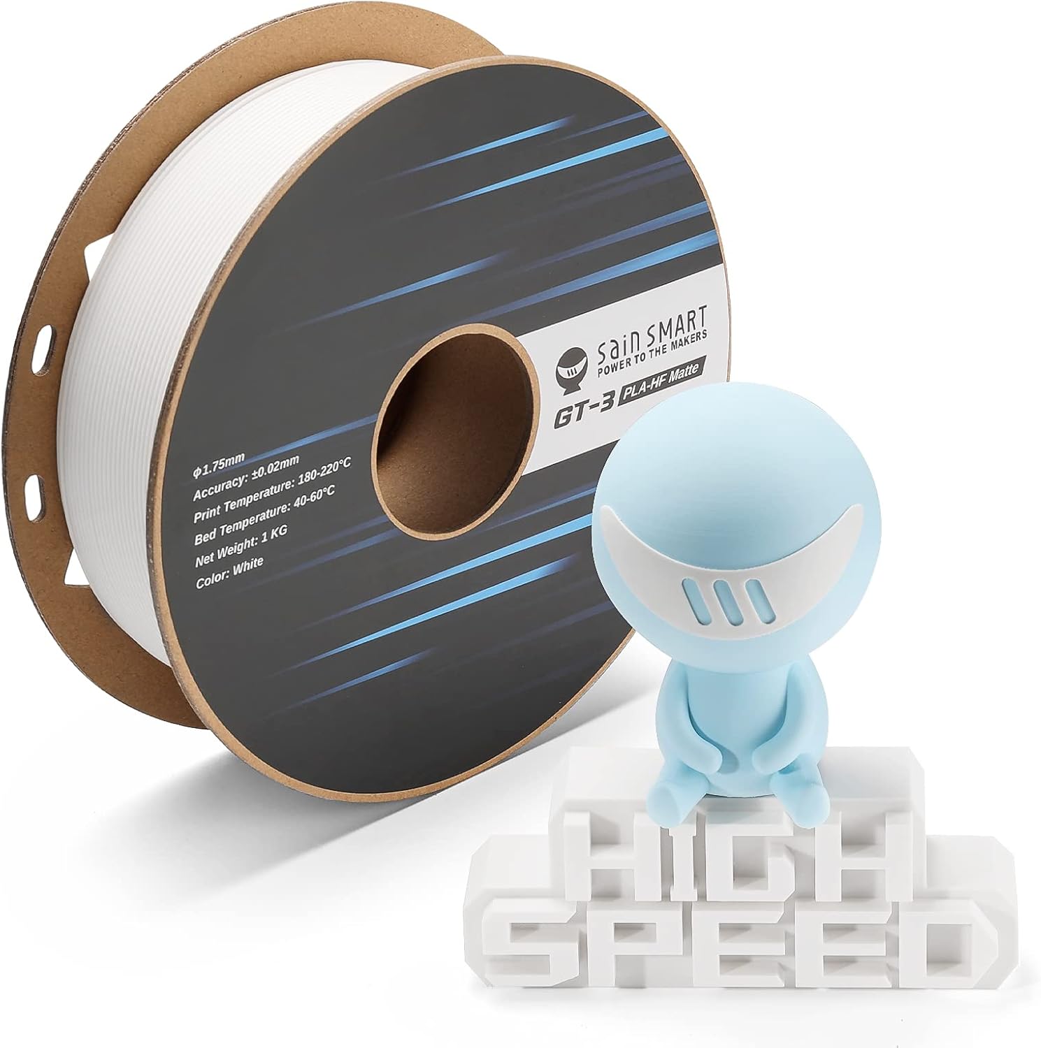 SainSmart GT-3 Filamento PLA mate de alta velocidad de 0.069 in, filamento de impresora 3D de alto flujo, blanco, carrete de 2.2 libras, precisión