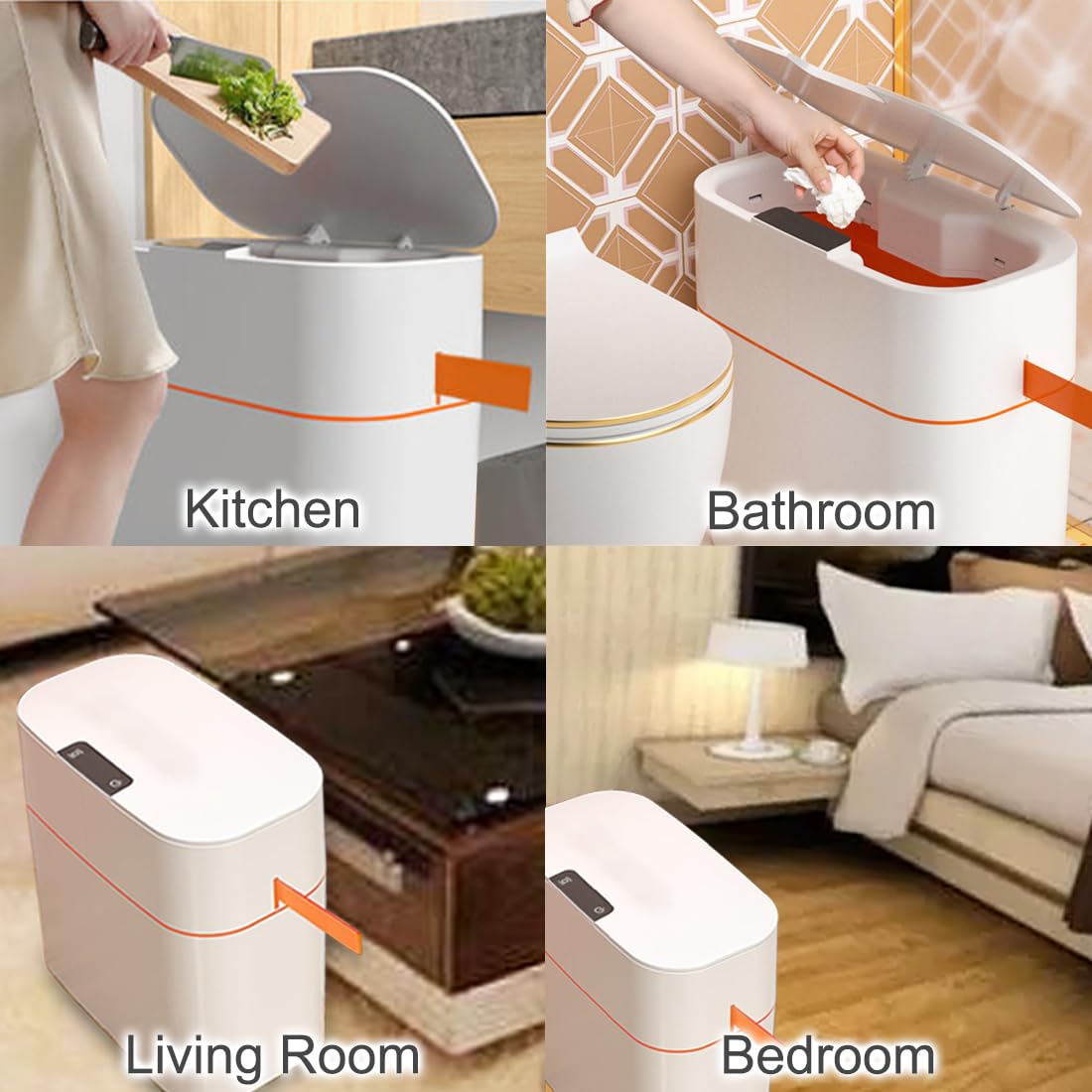Bote de basura de baño sin contacto con tapa, 3.2 galones, cubo de basura automático delgado de plástico para cocina, dormitorio, sala de estar,