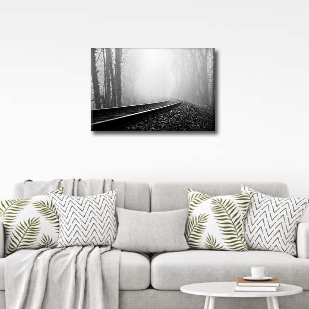 1 lienzo decorativo para pared, ferrocarril a través del bosque de pinos con niebla, decoración moderna para el hogar, sala de estar, arte de pared