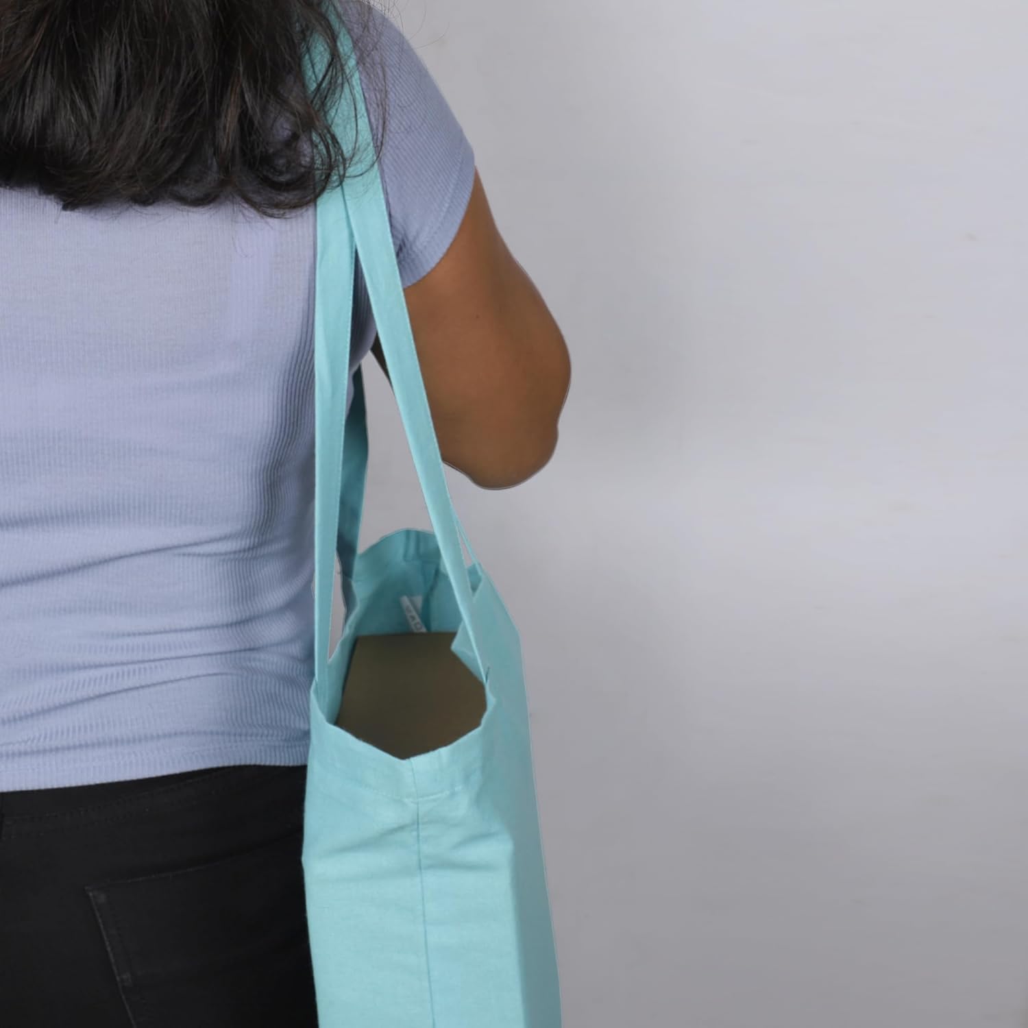 Urban Villa Paquete de 48 bolsas de comestibles reutilizables de 15 x 16 pulgadas con mango largo de 27 pulgadas, color aguamarina, 100% algodón,