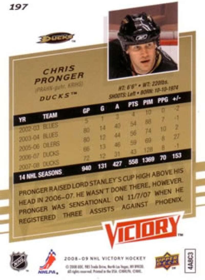 2008-09 Upper Deck Victory Hockey #197 Chris Pronger Anaheim Ducks Official NHL Trading Card (Stock Photo Shown, Near Mint or Better Condition)